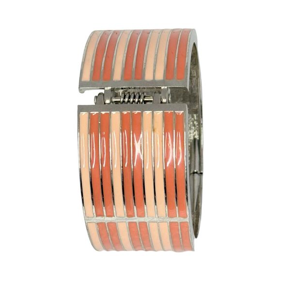 Pink Striped Wide Clamper Bracelet 7"  Silver Tone Bangle - Picture 7 of 10